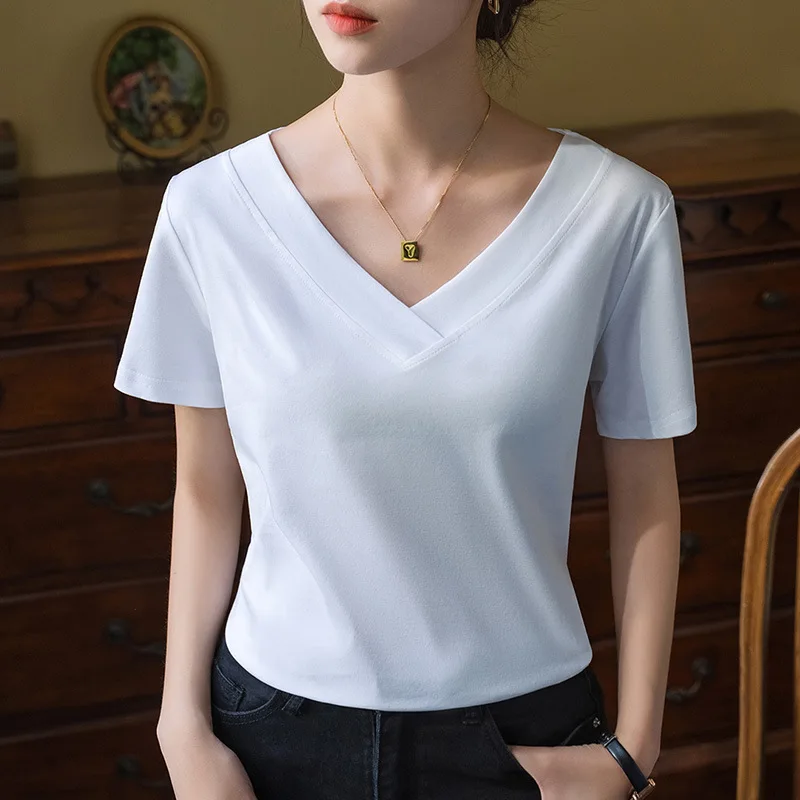 

2025 New Women's Wide Edge V-neck Pure Cotton T-shirt Temperament Waist Blouse