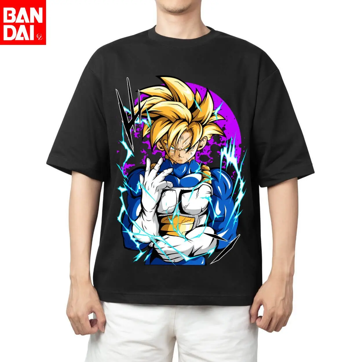 

Dragon Ball Z Trunks X Street Fighter Vega Claw Style Purple Grunge Background "TRUNKS" Text Print Oversized Cropped Cotton