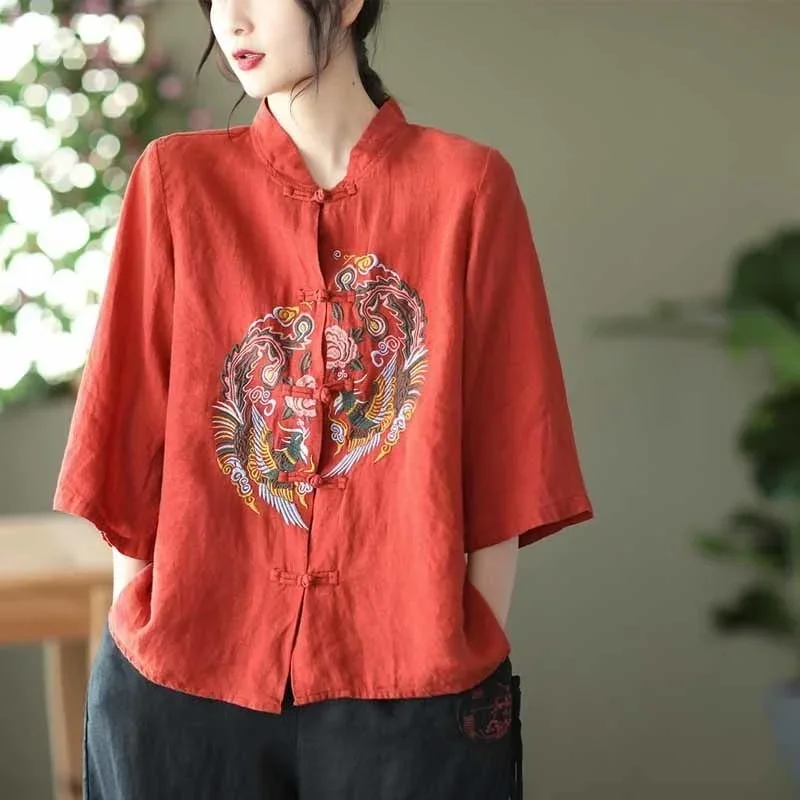 Retro Ethnic Brand Quality Embroidery Cotton Linen Shirts Tops Women Blouses Disc Buttons Stand-up Collar Loose Large Size Shirt