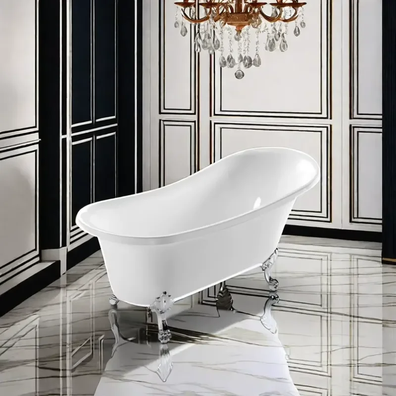 White Acrylic Freestanding Bathtub Modern Comfortable Design With Silver Support Feet Ideal For Hotel Bathroom Renovation