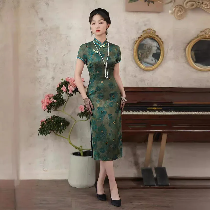 M-4XL الربيع/الصيف عبق سحابة الحرير طويلة قصيرة الأكمام شيونغسام الراقية مزاجه التخسيس اللباس الصيني 5؛ c، 6's.2؛ b'8،