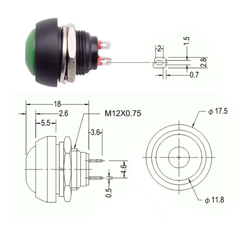 防水モーメンタリプッシュボタンスイッチ,2ピンミニスイッチ,ロック解除,PBS-33B, 12mm,1a,12v,リセット,PBS-33BT98C, 10個