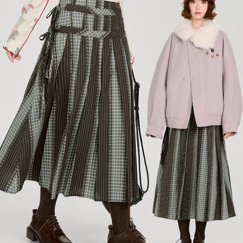 Vintage Design Plaid Splicing Pleated Women's Long Skirt 2025 Autumn Winter New Sweet Cool Loose Versatile Lace-up Skirts Ladies