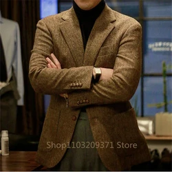 Men's Suit 2024 Jacket Herringbone Tweed Wool Jacket Winter Warm Short Jacket Retro Slim Fit Men Blazer Coat (Only Coat)