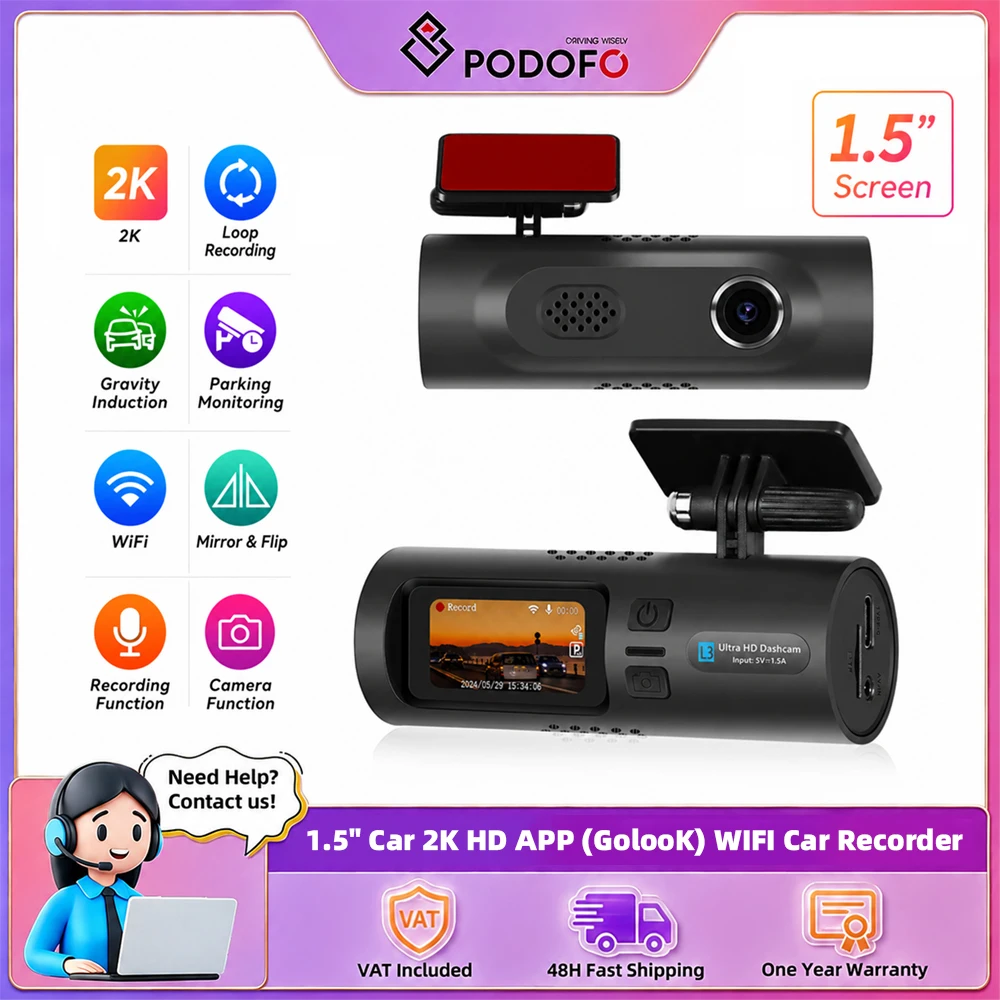 Podofo 1,5 Zoll 2K Dashcam DVR Auto-Einparkhilfe Rückfahrkamera Loop-Aufnahme Auto-Fahrtenschreiber Videorekorder Auto-Blackbox HD Touchscreen Einzel-Aufnahme Dashcam Schwerkraftsensor