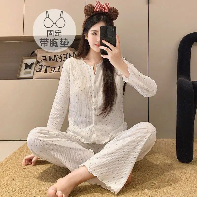 Teenager-Mädchen Frühling Herbst Pyjama Freizeitset Damen Studentin Langarm-Strickjacke mit Brustpolster Damen Loungewear Frauen Freizeitkleidung für Zuhause