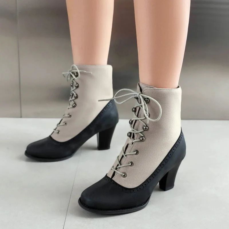 Women Retro Brogue Ankle Boots Patchwork Round Toe Chunky High Heel Front Lace Up Short Booties Autumn Winter Fashion Footwear