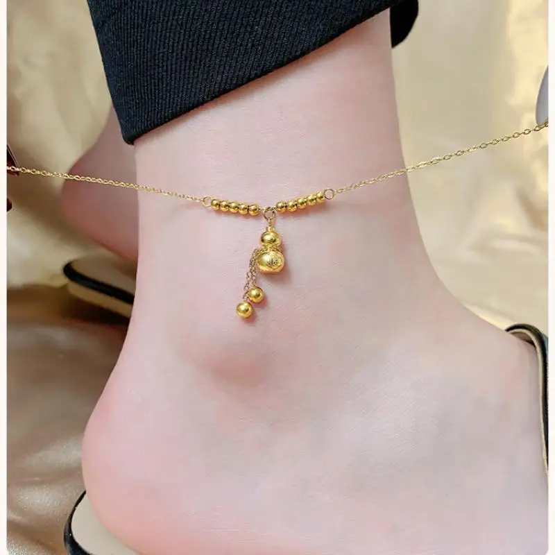 

New Chinese style lucky character gourd fringed titanium steel anklet girls fashion light luxury high sense 18k gold non-fading