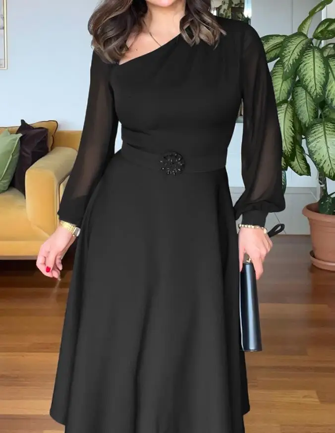 

Womens Dresses 2025 Spring New One Shoulder Long Sleeve Casual Beaded Decor High Waist Irregular Hem A-Line Mid-Cald Dress