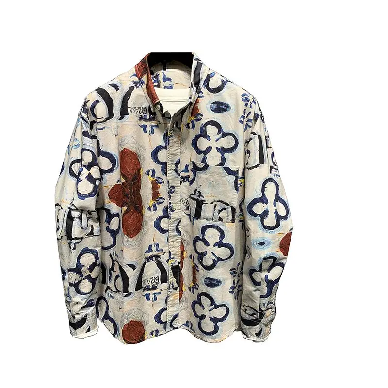Retro Japanese Style Long Sleeve Loose Fit Men's Shirt No Ironing Required Fashionable Printed Casual Business Wear