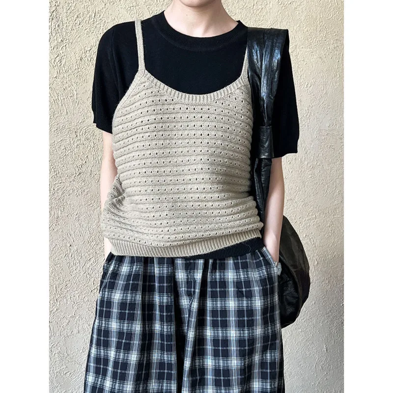 

Vintage Layered Hollow Knitted Camisole Vest Women Autumn Solid Color Sleeveless Korean Tops