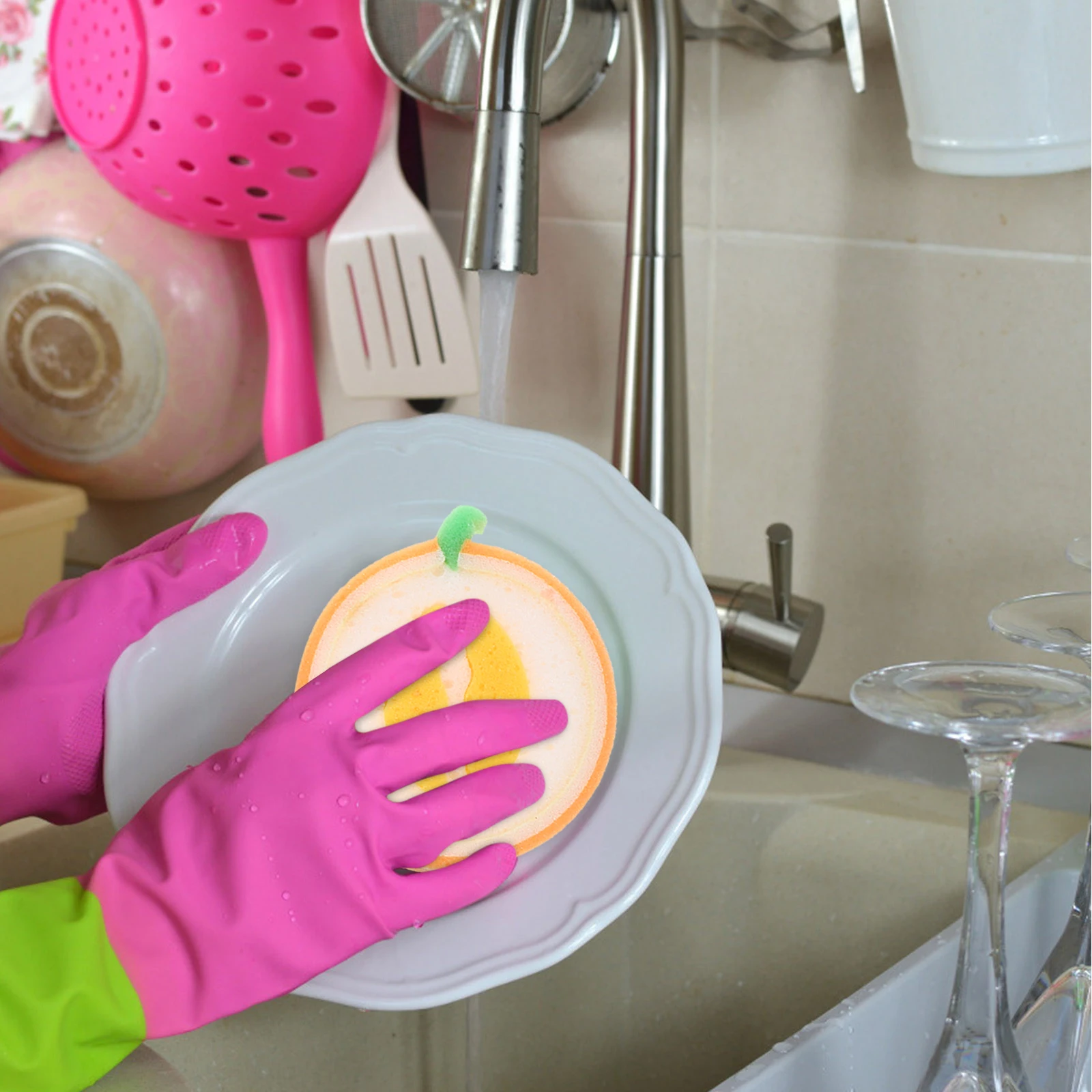 

4pcs Cartoon Fruit Kitchen Multi-Function Thickened Reusable Dish Compact Wok Cleaning Tool Household Daily Use Scrub