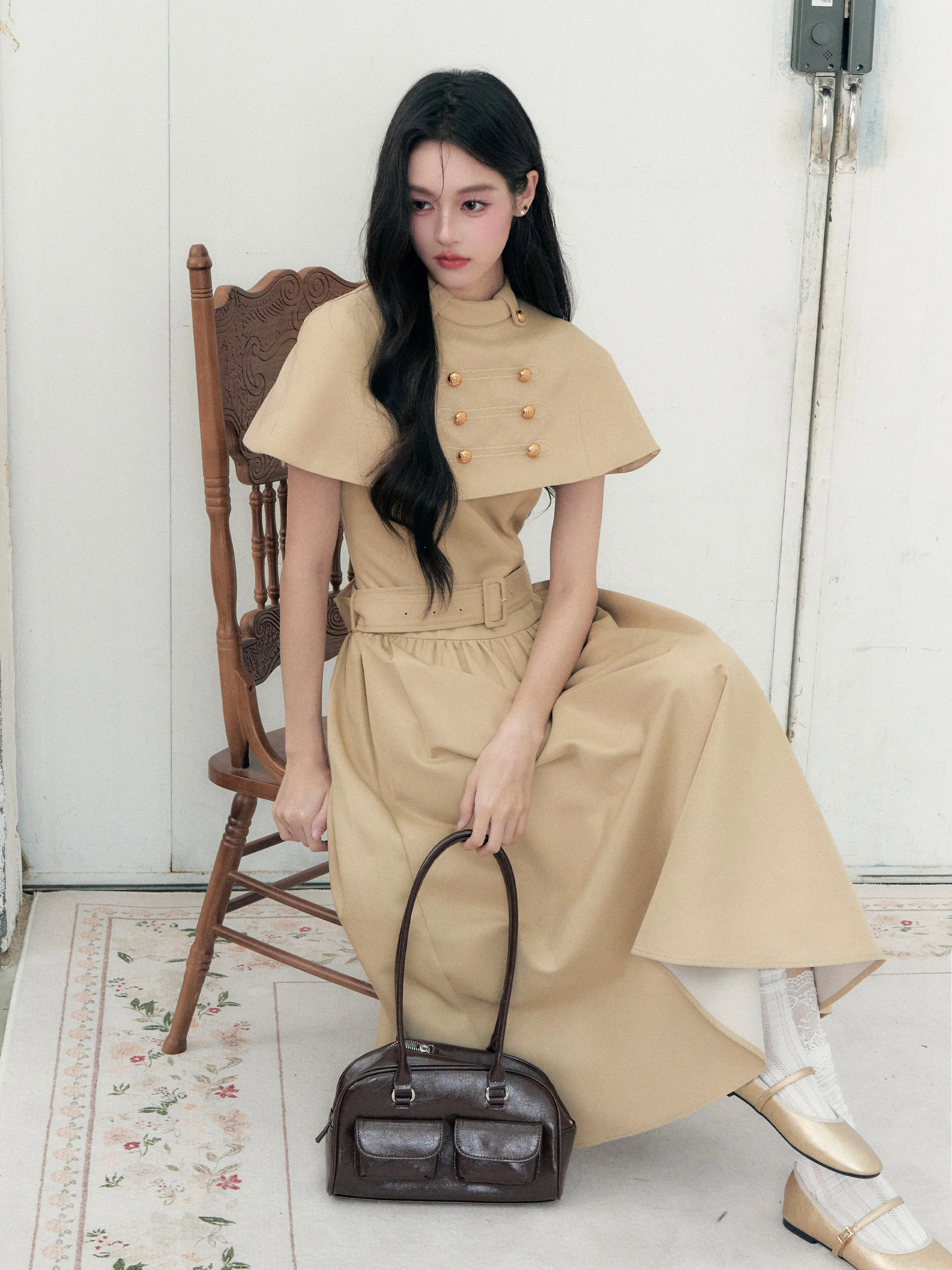 Fragile Heart Long Dress Set with Napoleon Cowl Neck Coat Elegant Miss Rich Style French Apricot Language Autumn Fashion