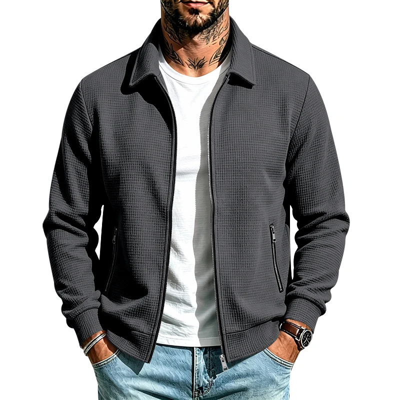 Herren Frühlings- und Herbstjacke aus Waffelstrick mit Reißverschluss, lässig, locker, leicht, mit Kragen, für den Alltag. – Detail 18