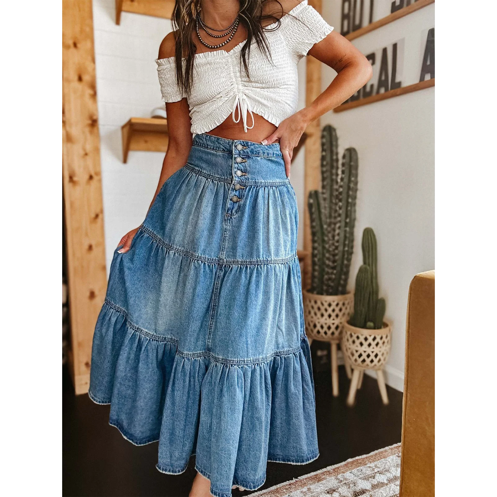 

Womens Summer Y2K Vintage Ruffled Hem Button High Waist Loose Fit Denim Swing A-Line Long Jeans Skirt Club Streetwear