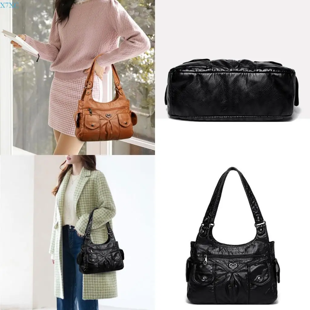 

X7XC Fashionable Women's PU Leather Satchel Shoulder Bag with Rivet Studs and Multiple Pockets Work Handbag for Everyday Use