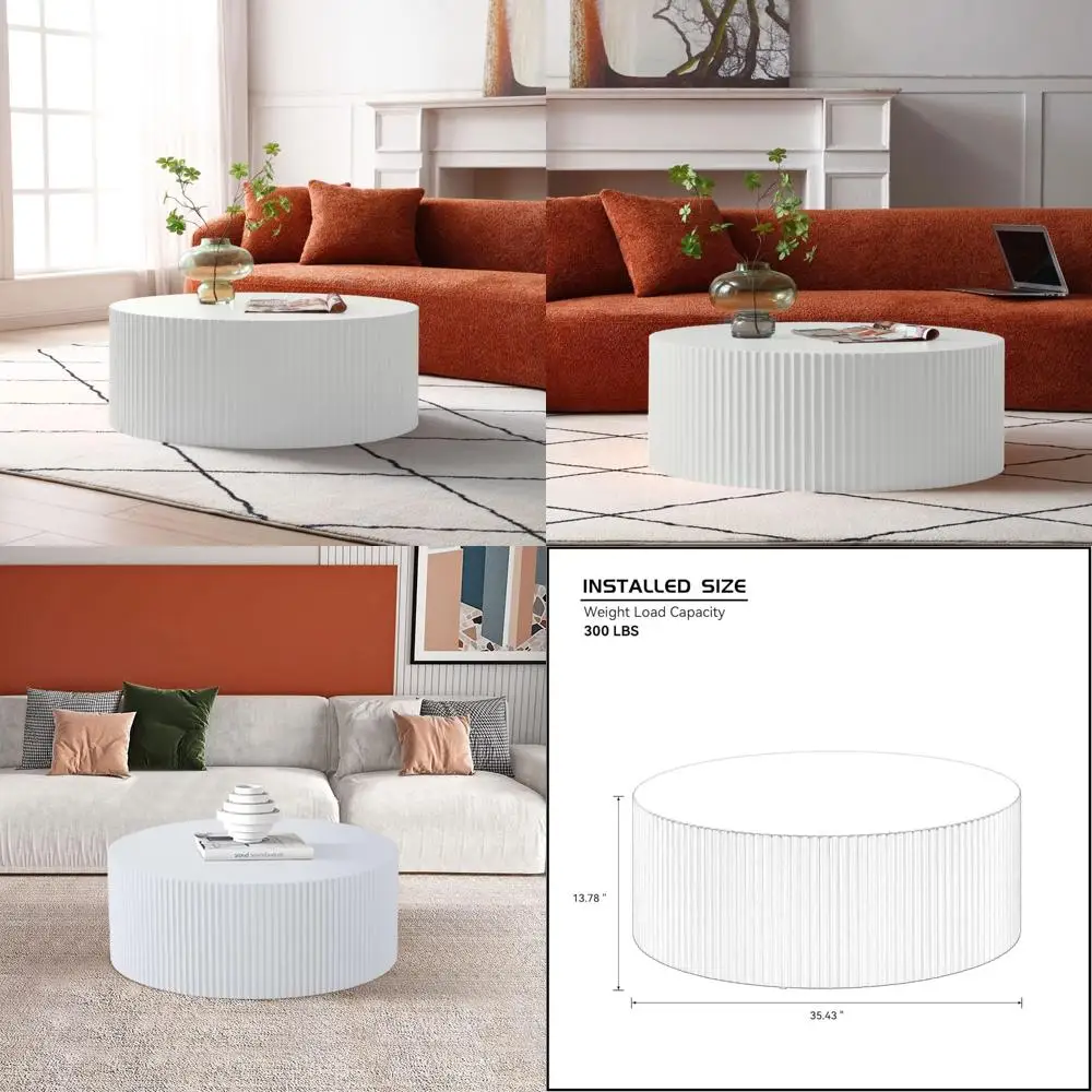 طاولة قهوة مستديرة بيضاء حديثة وبسيطة مقاس 35.43 بوصة مع تصميم مريح لغرفة المعيشة