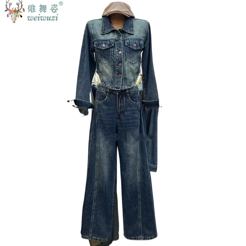 Winter Frauen Denim Hose Sets Vintage Lange Ärmeln Slim Fit Kurze Denim Jacke Top + Hohe Taille Breite bein Jeans y2k Kausalen Outfits