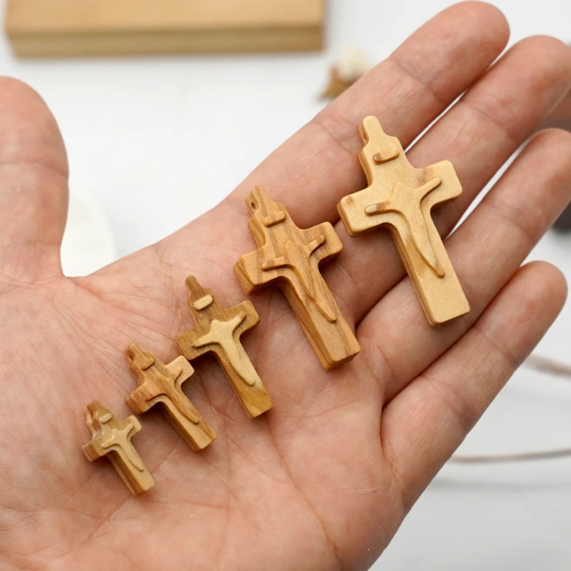 Olive Wood Carved Cross Pendant 2-4.5cm Prayer Beads Accessories DIY Handmade