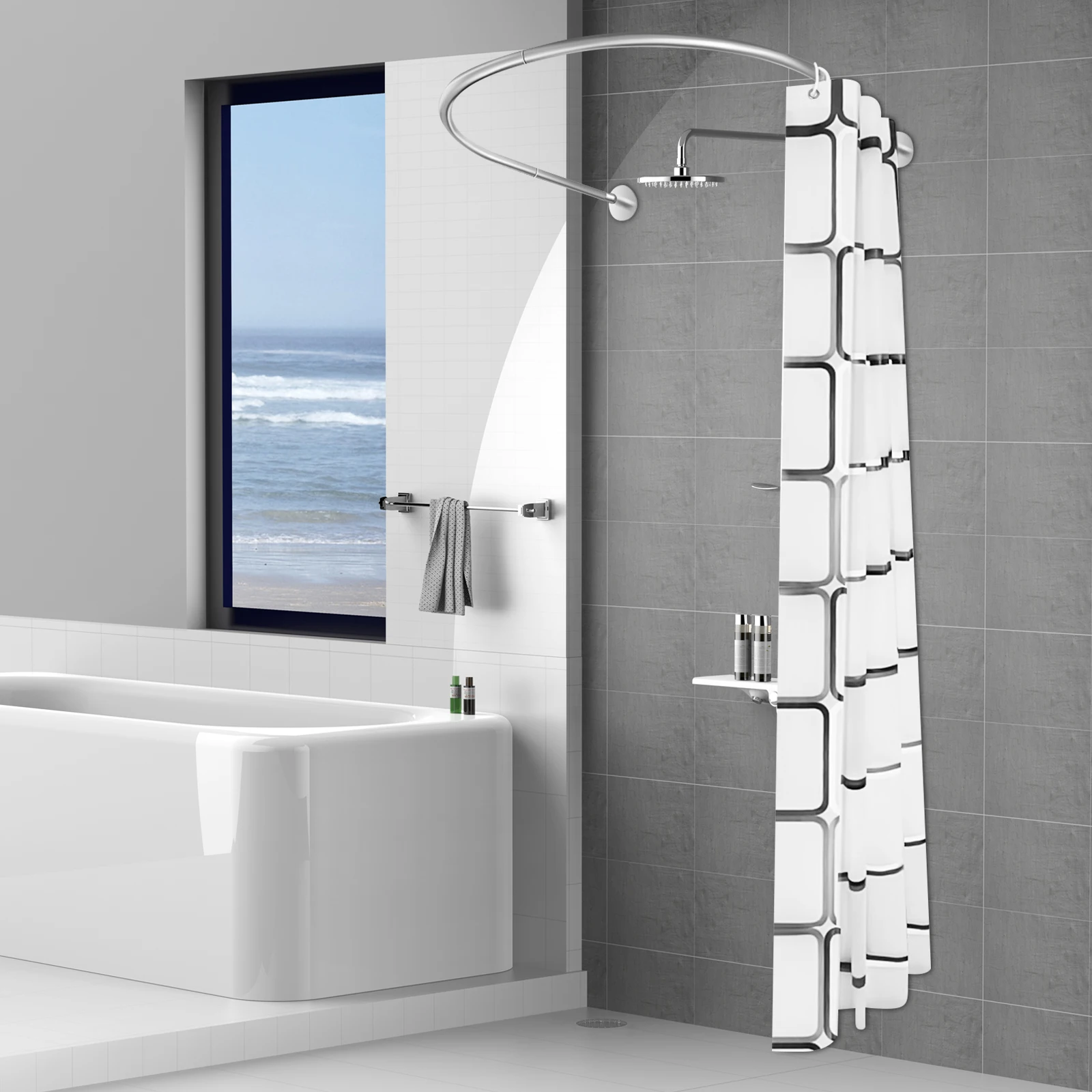 

Карниз для душа с занавеской из полиэстера, U-образная форма, нержавеющая сталь без сверления, регулируемая направляющая 0,9-1,3 м, ванные комнаты, гардеробные