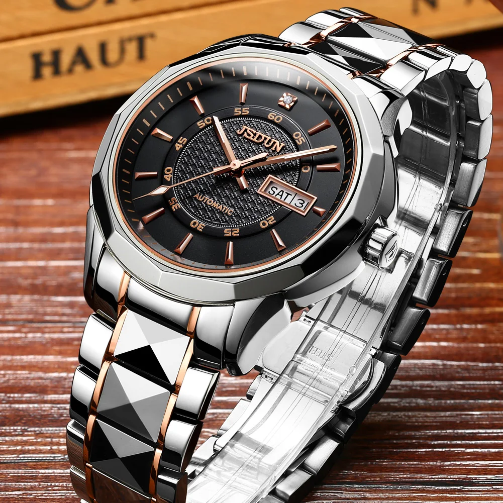 JSDUN New Tungsten Steel Mechanical Watch for Men High Quality Waterproof Calendar Wrist Watch Men Luxury Automatic Mens Watch