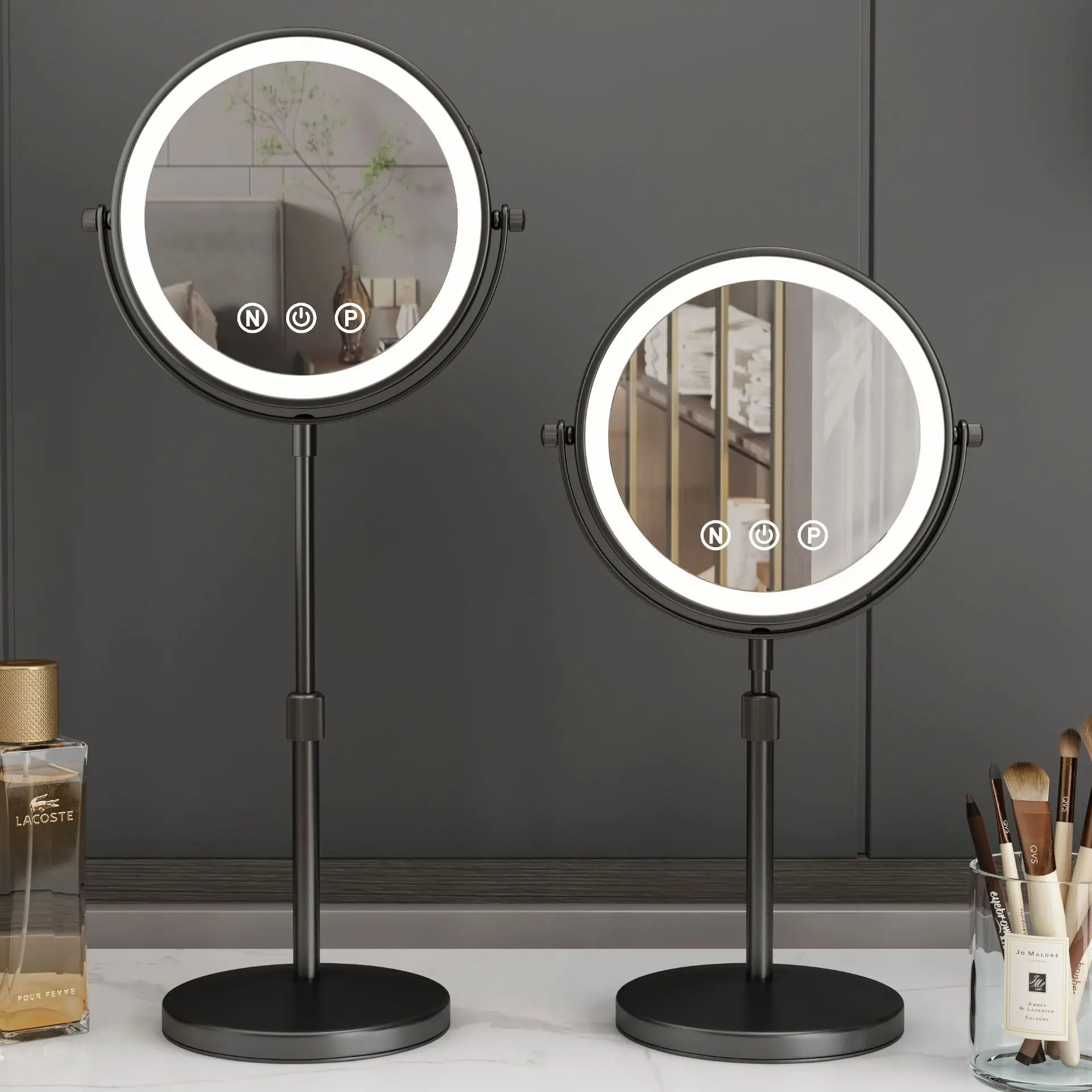 9 Inch 360 Degrees Bedroom Or Bathroom Table Lifting Makeup Mirror, 3x Magnifying Double Mirror With Led Light Cosmetic Mirror