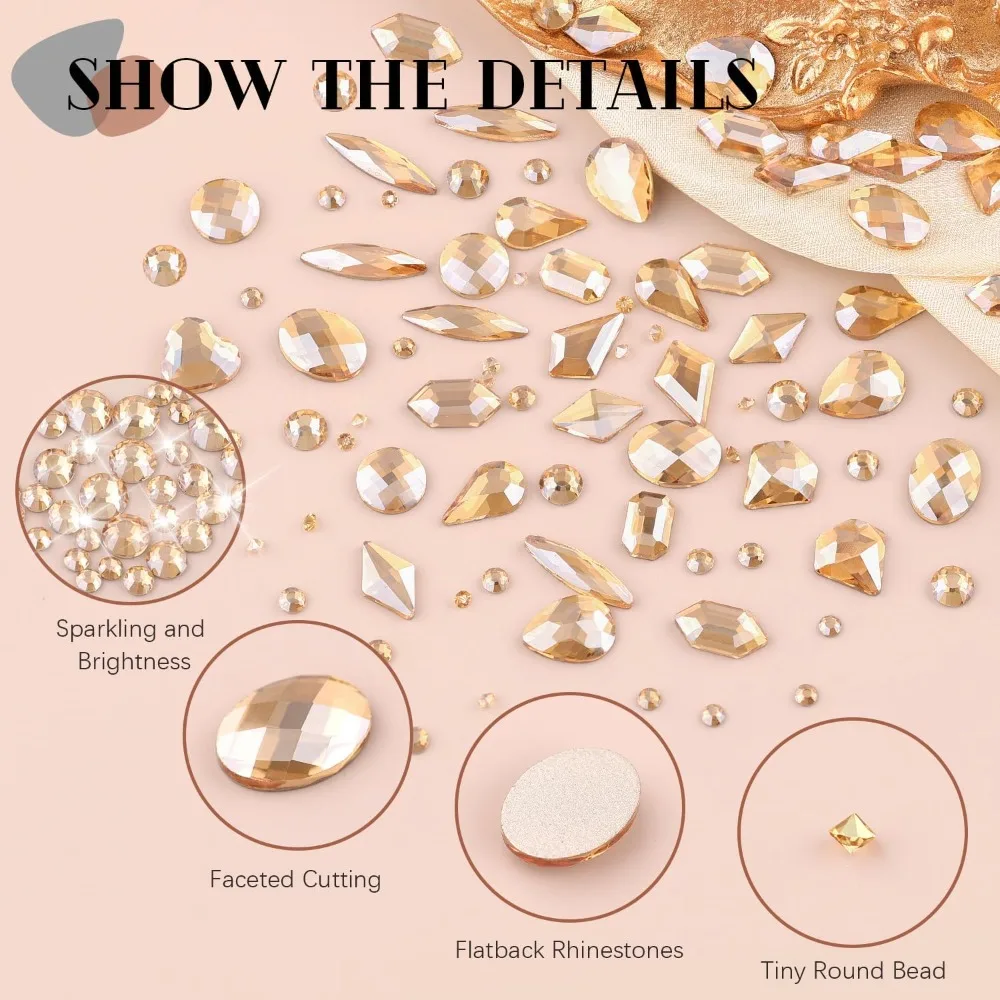 Hot Sale 3100Pcs Champagne Gold Nail Rhinestones Kit with 1.5-3mm Mini Gems Multi Shapes Glass Crystal Flatback Diamonds Charms for Acrylic Nails Art Decoration Best Sellers