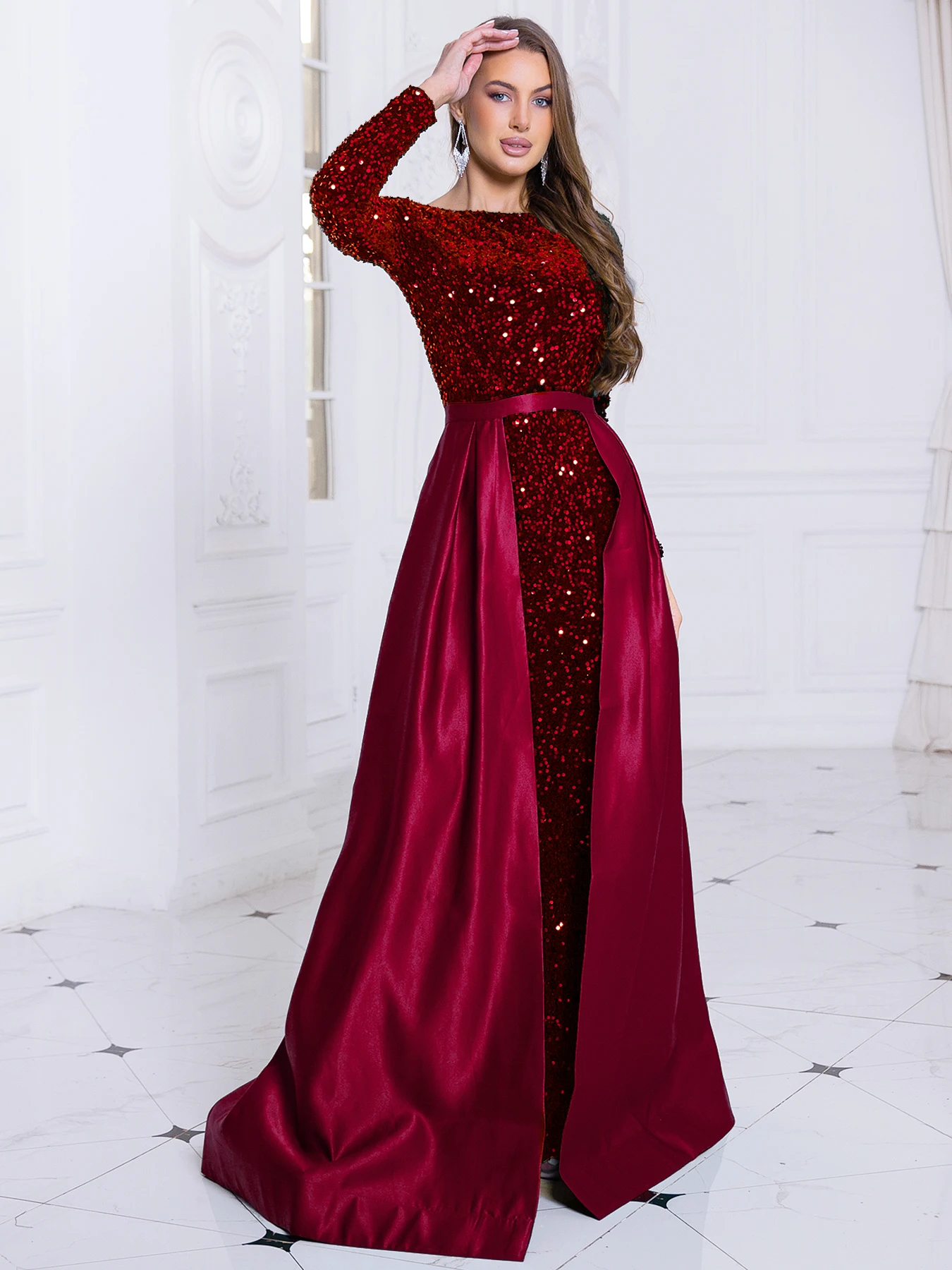 Red Long Sleeve O Neck Stretch Sequin Party Dress Floor Length Evening Night Prom Gown with Detachable Lace Up Skirt Green Black