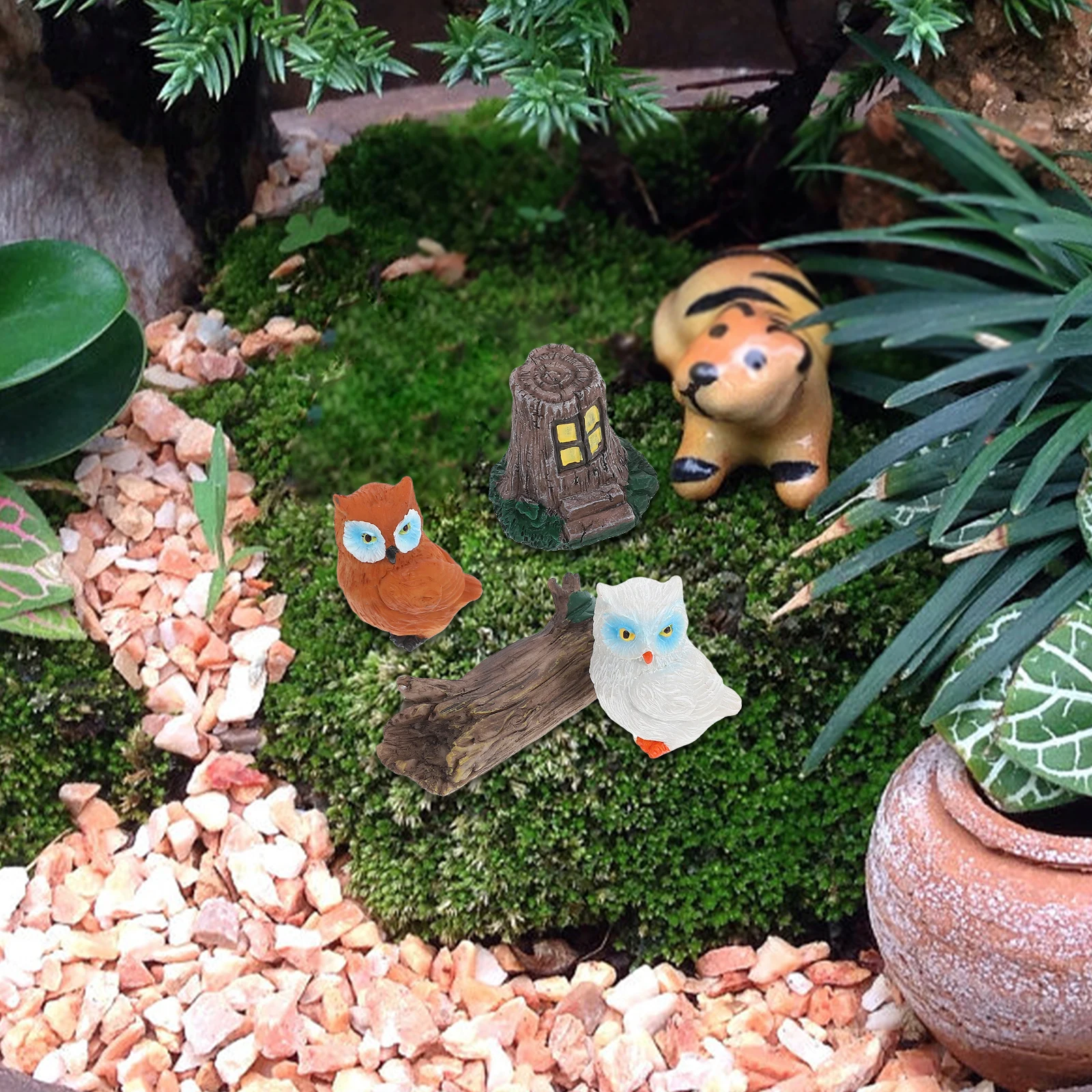 

1 set Micro Landscape Resin Craft Set 4 Pieces Garden Bird Decorations Animal Statues Owl Sculpture Home Outdoor Gardening