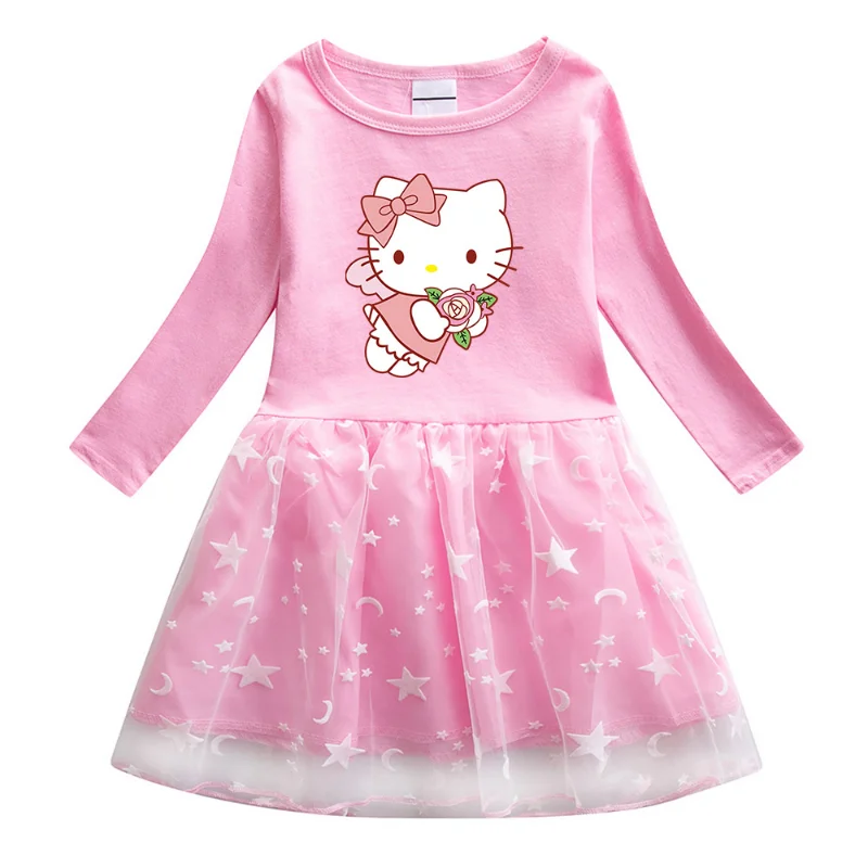 Hello Kitty Cute Cartoon Print Children Cotton Fashion Pleated Princess Dress Star Moon Net Yarn Long-sleeved Casual Girls Skirt