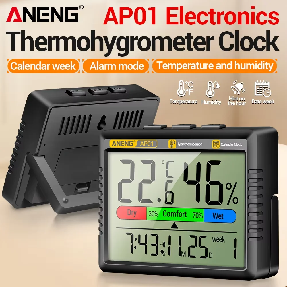 

Электронный термогигрометр ANENG AP01 с часами, многофункциональным измерением, экраном высокой четкости, цифровой термометр-гигрометр для воздуха