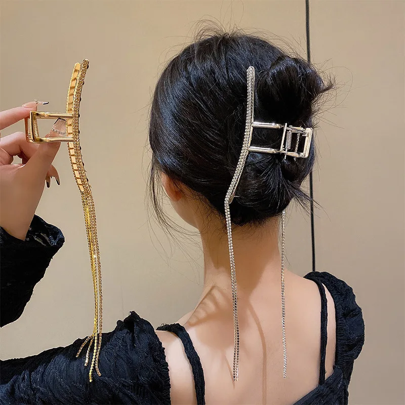 Korea Crystal Long Tassel Hair Clips for Women Luxury Gold Silver Metal Large Crab Claw Hairgrip Wedding Accessories Femme New