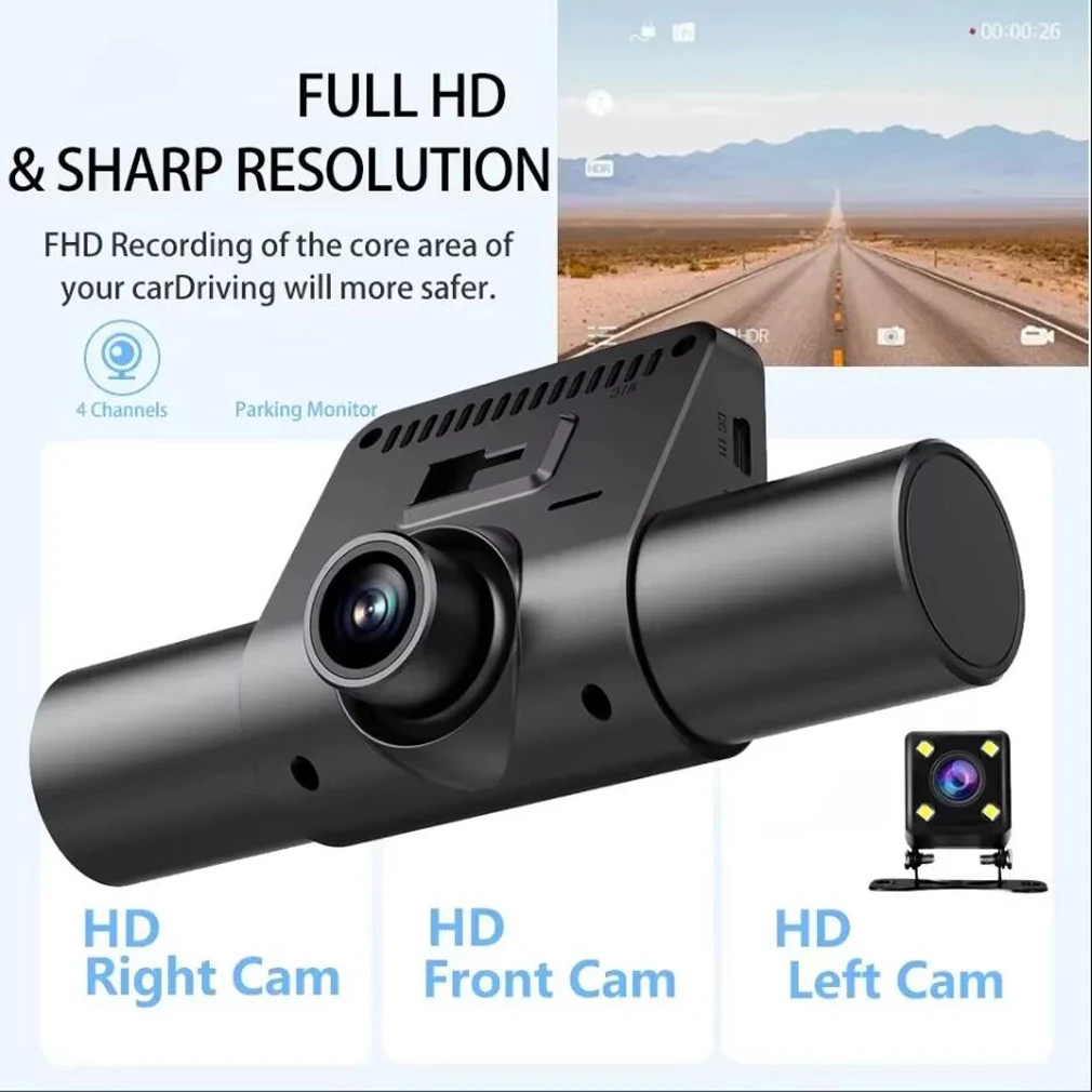 3 Channels 4 Lens Dash Cam For Cars,Front Interior Side and Rear Cameras 2 Inch Car DVR,IR Night Vision ,1080P+ 480P+480P