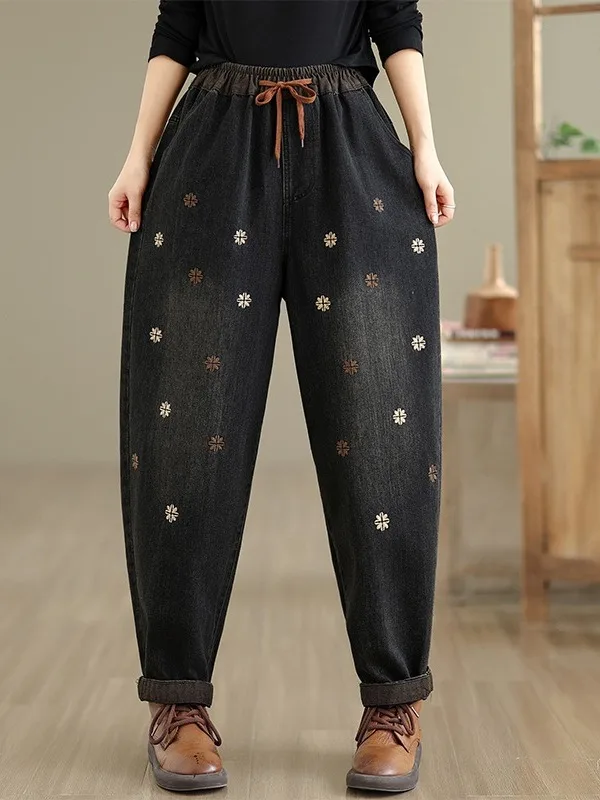 

Retro Embroidered Loose Fit Elastic Waist High Waist Casual Harlan Jeans Women's plus Size Faionable Autumn 2025