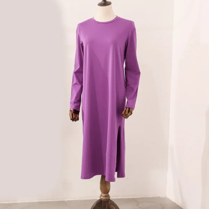 Casual Long Cotton Women Dress Loose Full Sleeve Round Neck Soild Maxi Party Dresses Ladies Robe Female Clothing Hoilday Trip