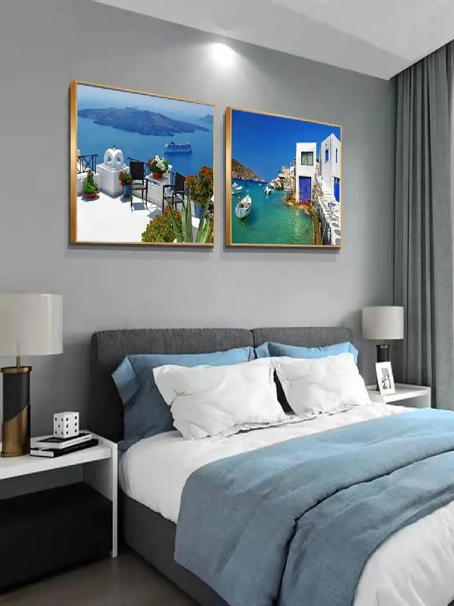 Nordic Blue Seascape Santorini Canvas Painting  Wall Art Landscape of Blue Sea and Sky  Posters and Prints for Living Room Home