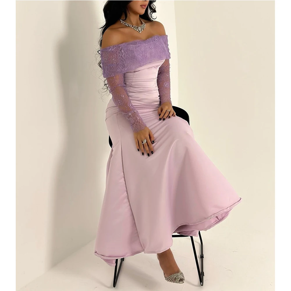 Exquis Lace Abonnés Document Boat Neck Rinse Length Mermaid Satin Off The Initiated Ruched Vestis, Educational De Fi.C.