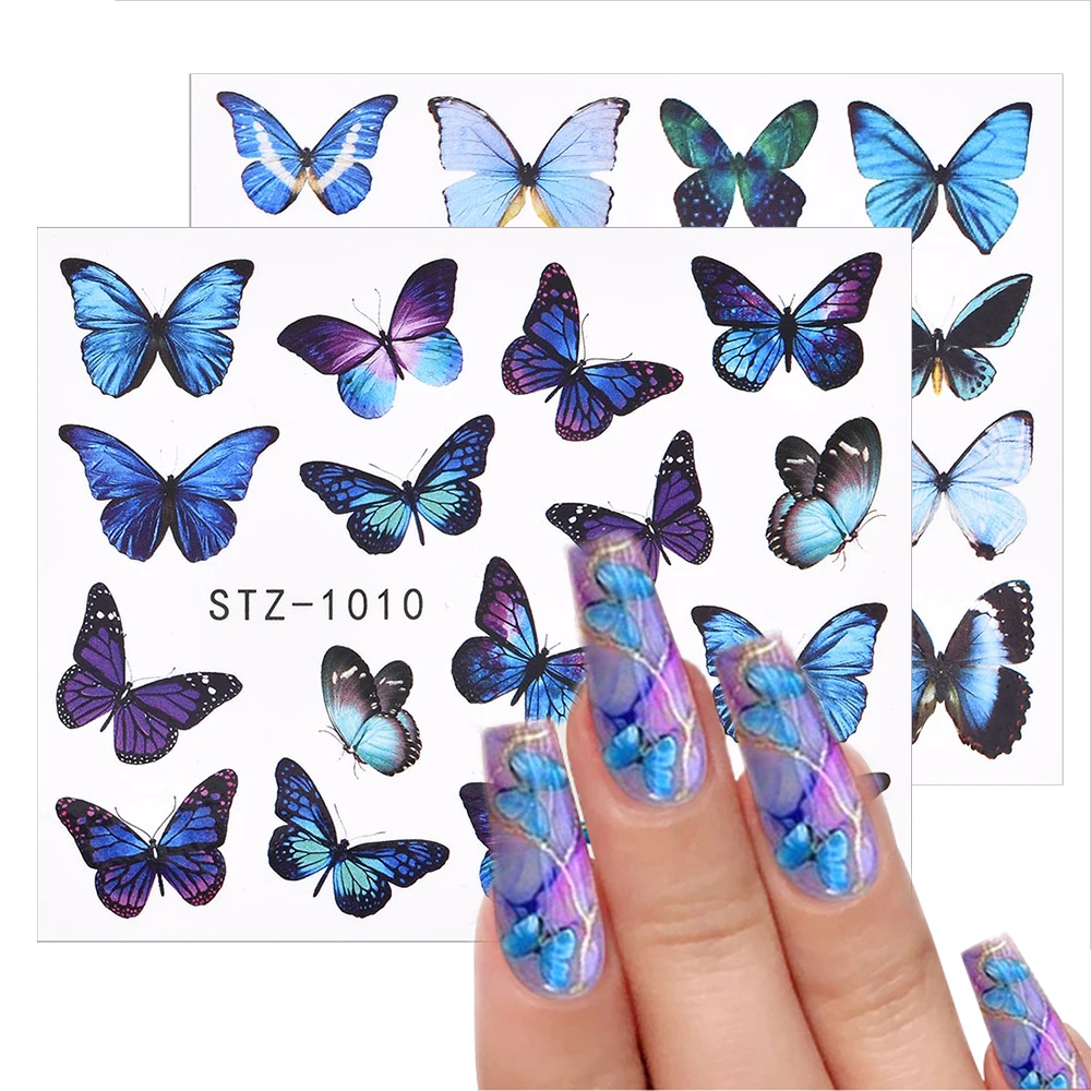 Pegatinas de flores de mariposa de acuarela azul 3D, tatuajes, envolturas deslizantes, manicura, tema de verano, decoración de Arte de uñas, venta