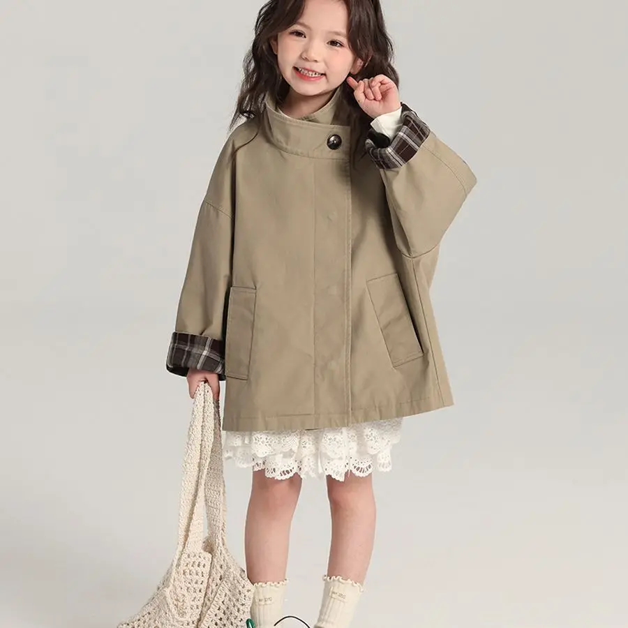 Kids Girls Cotton Teens Spring Autumn Windbreaker Coats Khaki Princess Oversize Coat Medium Long Outerwear Trench Clothes 1-12Y