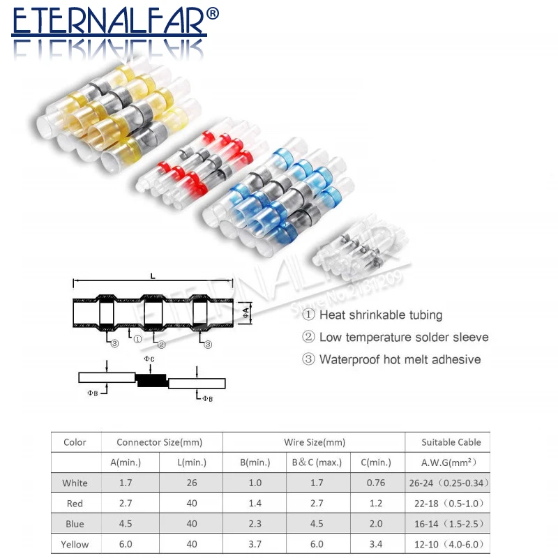 12AWG SST Waterproof Solder Seal Heat Shrink Butt Stress-free Wire Connectors Terminals Electrical Copper with Soldering Sleeve