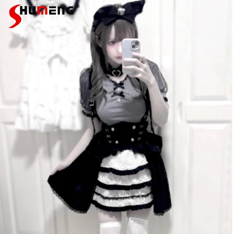 

Rhinestone Heart Collar V-Neck Top Knitted Short Sleeved Shirt Mass-Produced Japanese Lolita SC Y2k Blusas Pullover For Women