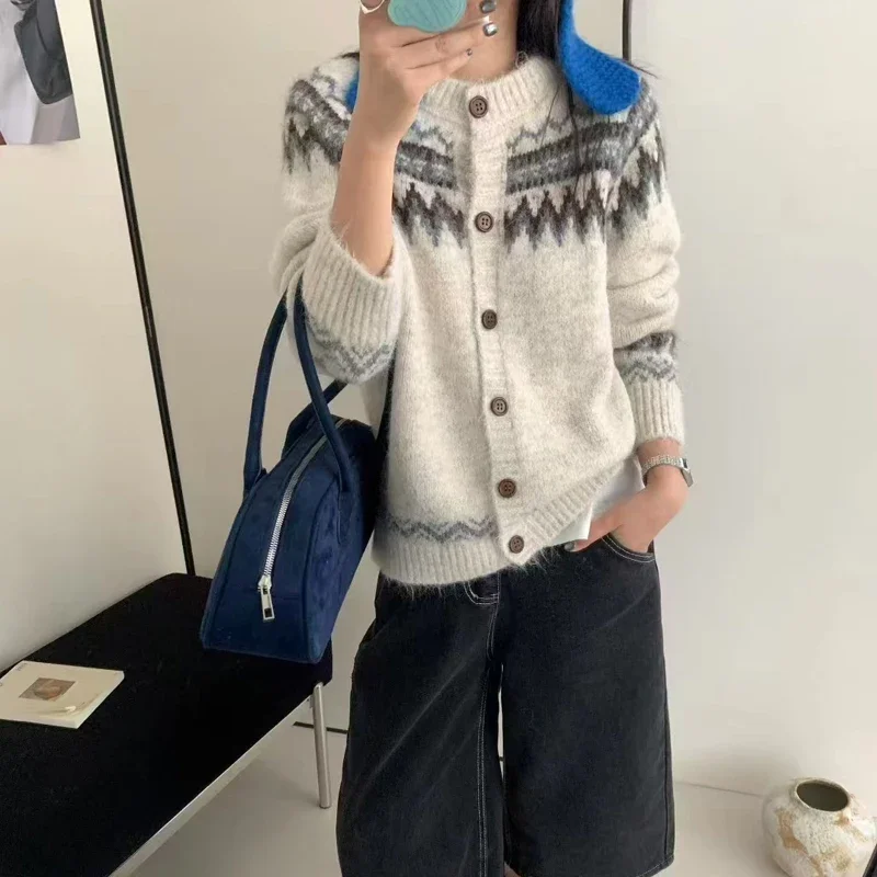 Cardigan Chic à manches longues et col ras du cou pour femme, vêtement d'extérieur Vintage décontracté de Style coréen, nouvelle collection automne hiver