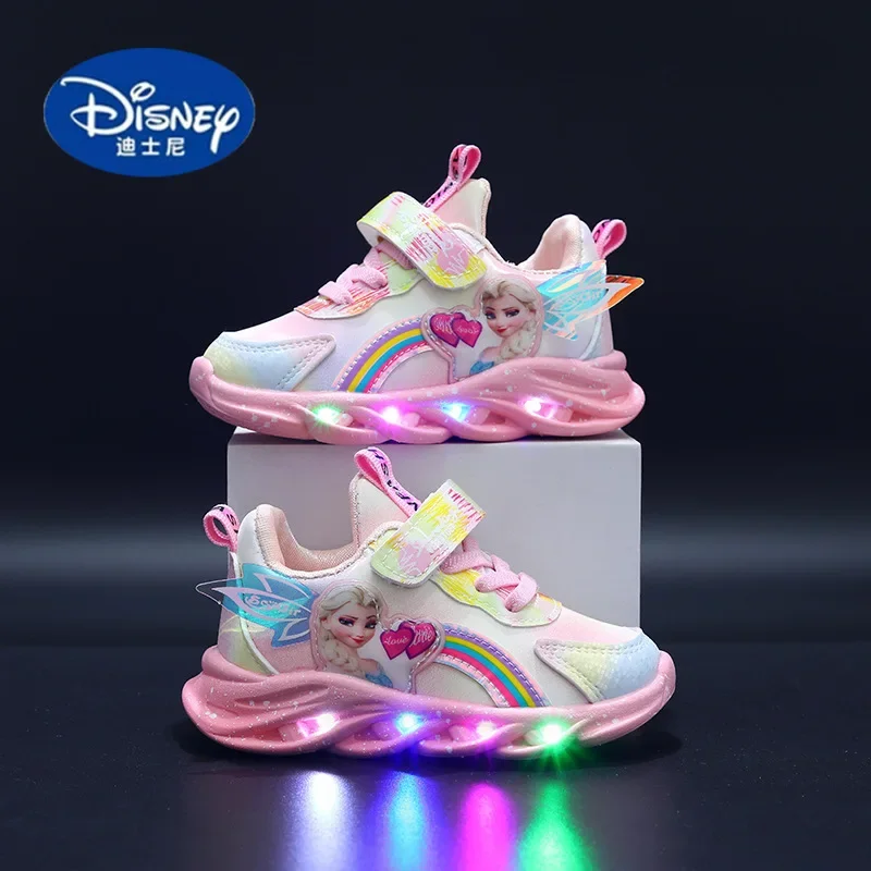 ディズニー エルサ プリンセス シューズ 2025 春 - 幼児用ピンクレザースニーカー、通気性と快適性を備えた韓国スタイル