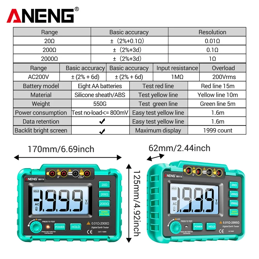 Imagem -06 - Aneng Mh14 Multímetro Digital Profissional Testador de Resistência à Terra Ac200v Medidor de Tensão Megôhmetro Voltímetro Ohm Tester Ferramenta