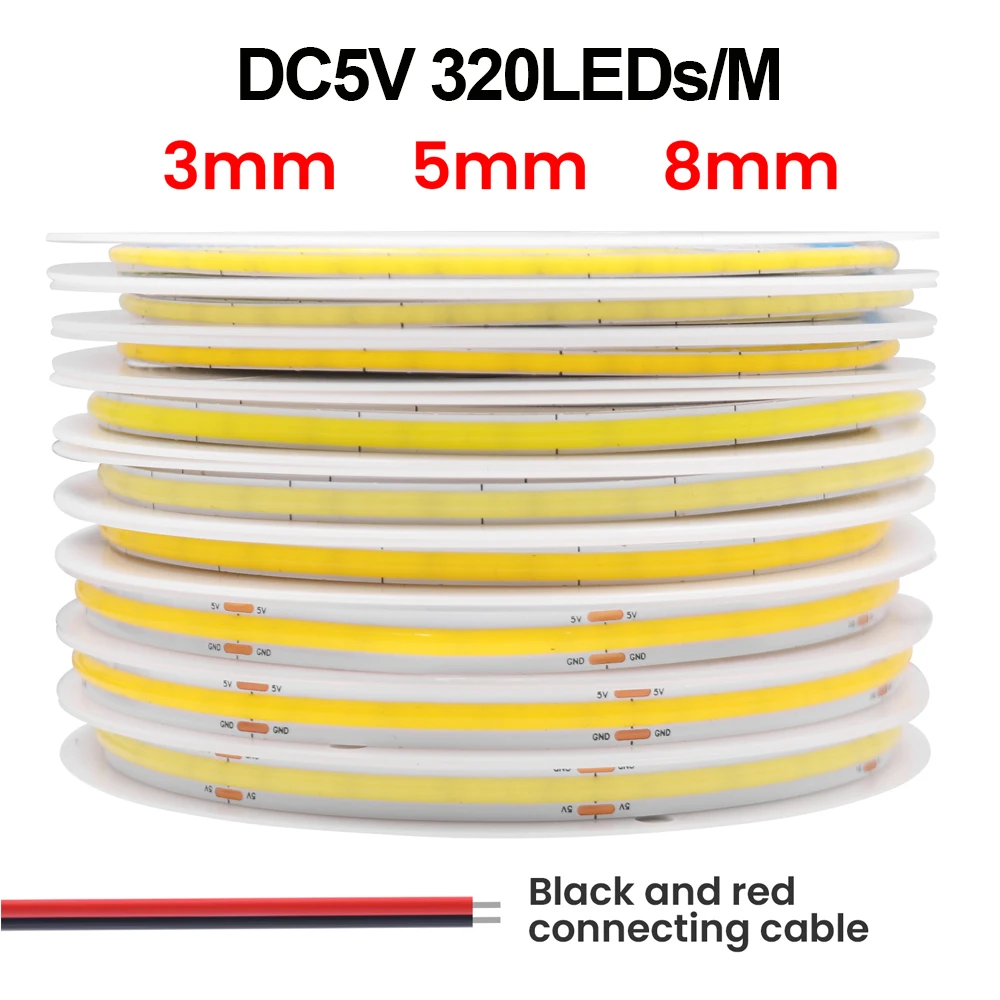 3MM 5MM 8MM COB Strip DC5V 12V 320Leds/M FOB taśma LED ciepłe naturalne zimne białe elastyczne wstążki sznur oświetleniowy lampa podświetlenie TV