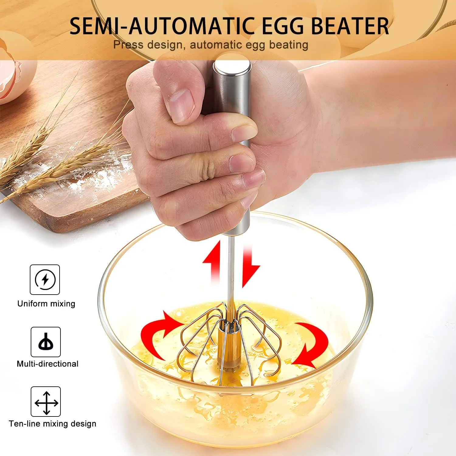Stainless Steel Whisk Set (3-Piece) – Includes Balloon Whisk, Flexible Whisk with Beads, and Semi-Automatic Whisk - view 3