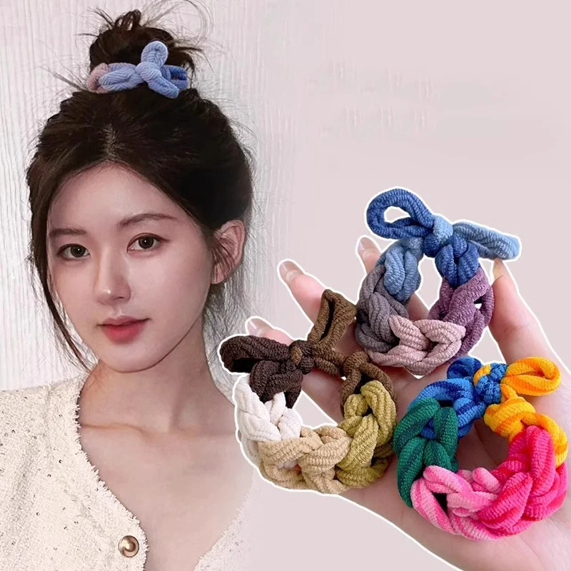 Thickened High Elasticity Headband Hand Woven Rubber Band Butterfly Knot Hair Rope Women Colorful Hair Tie Girl Headwear