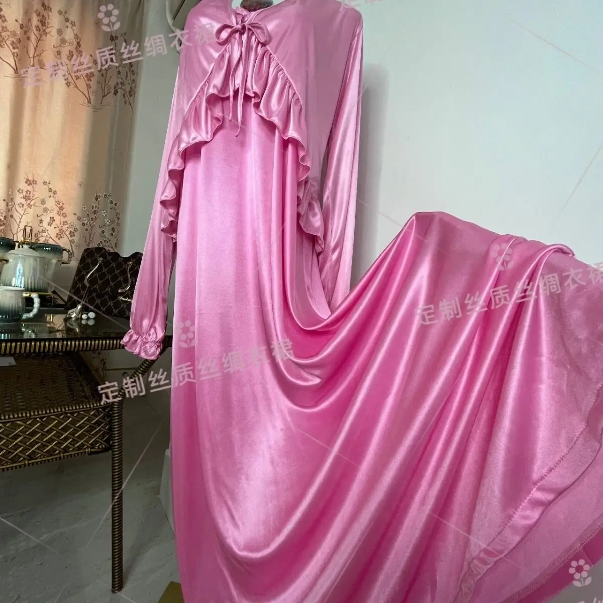 Glossy Ice Silk Sexy Women Ruffles Satin Long Sleeve Loose Maxi Dress Sleeping Robe