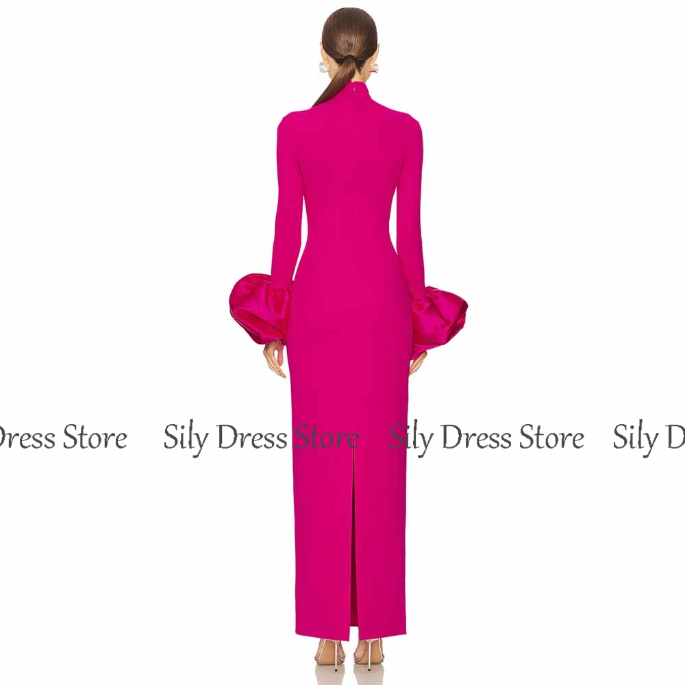 Fuchsia Formal Evening Dresses Sheath/Column Jersey Celebrity Dress High Collar Pleat Puff Sleeve Valentine\'s Day Dress Maxi