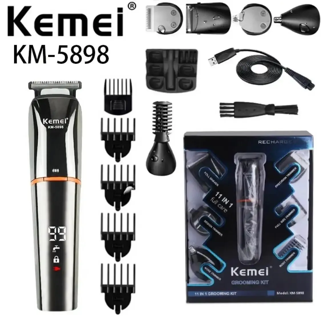 Kemei-مجموعة تجميل متعددة الوظائف قابلة لإعادة الشحن مع شاشة LCD للرجال ، مقص شعر كهربائي ، تصفيف الوجه ، لاسلكي ، 11 في 1 ،